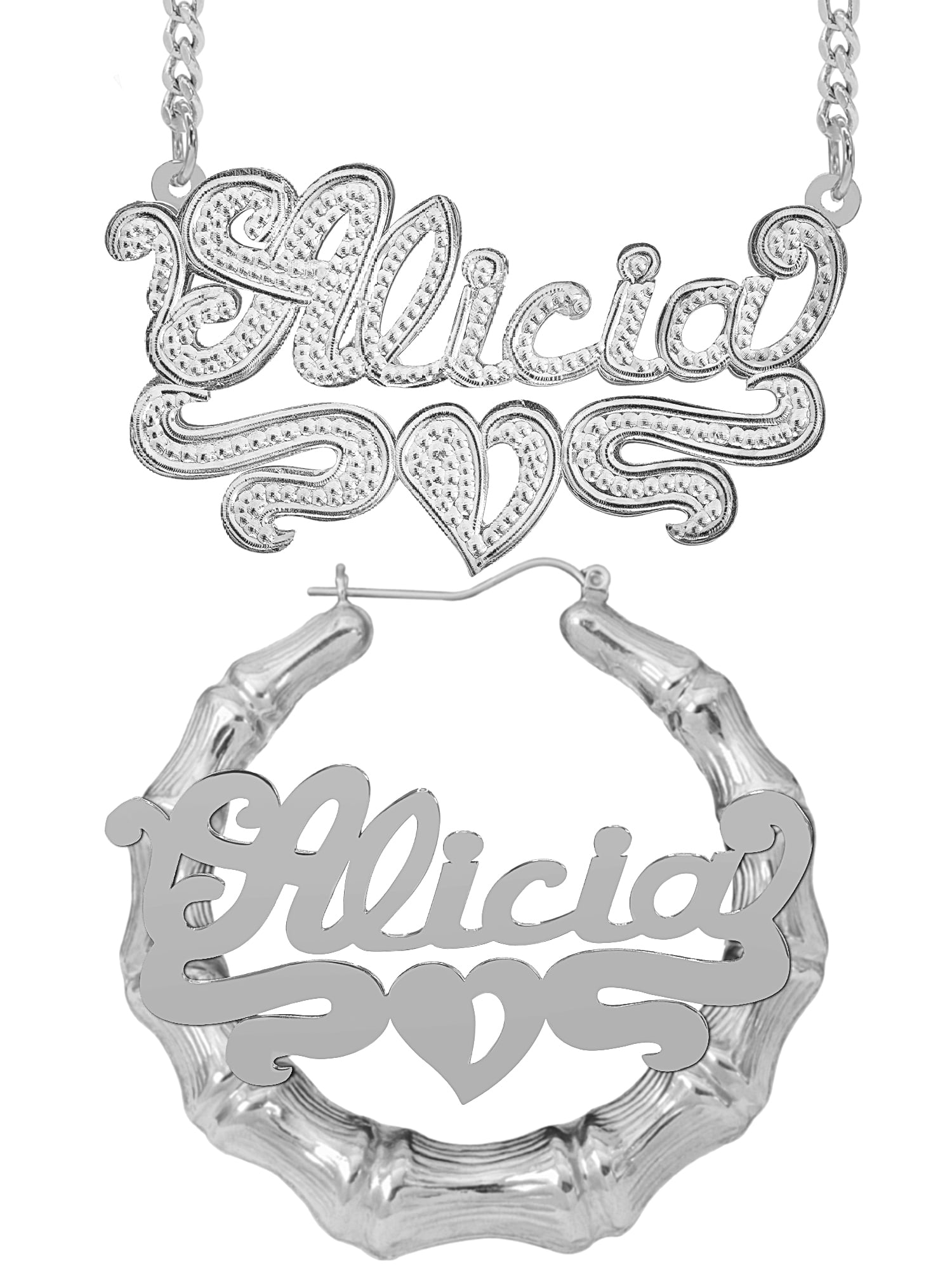 Personalized Set of Necklace and Bamboo Earrings. Script Font.