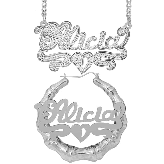 Personalized Set of Necklace and Bamboo Earrings. Script Font.