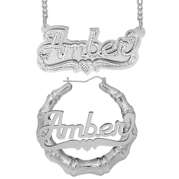 Personalized Set of Necklace and Bamboo Earrings. Script Font.