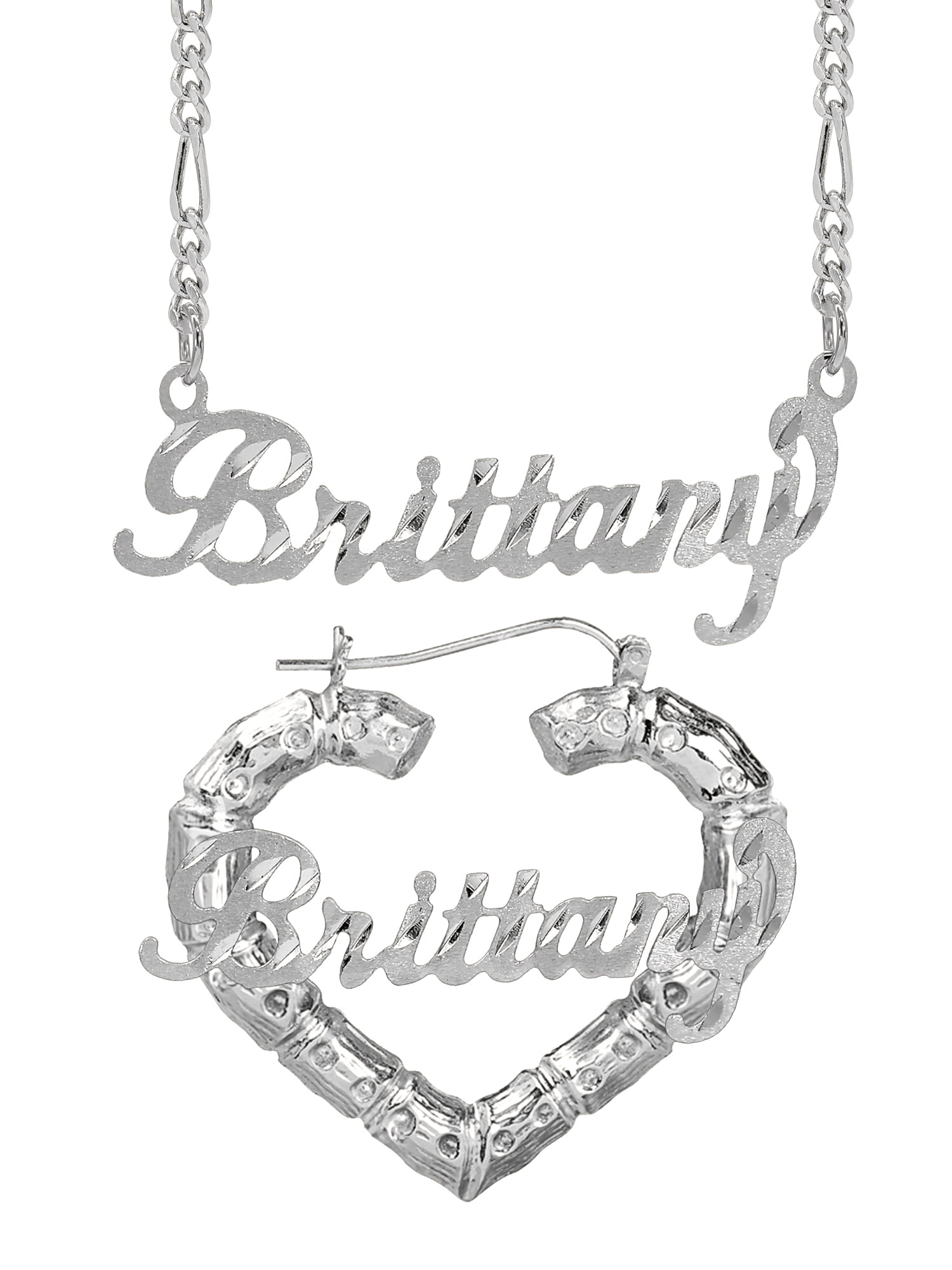 Personalized Set of Necklace and Bamboo Earrings. Script Font.