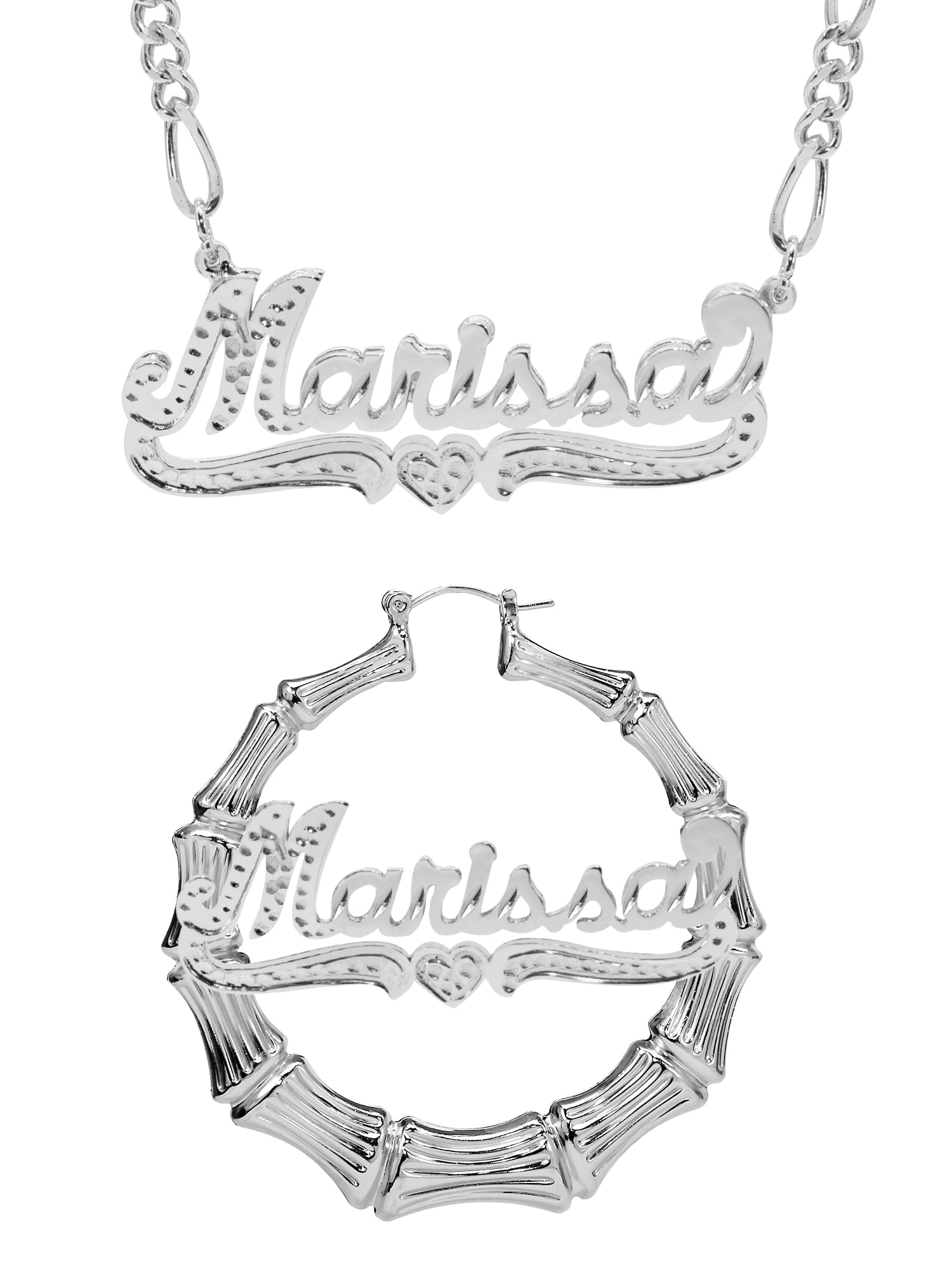 Personalized Set of Necklace and Bamboo Earrings. Script Font.