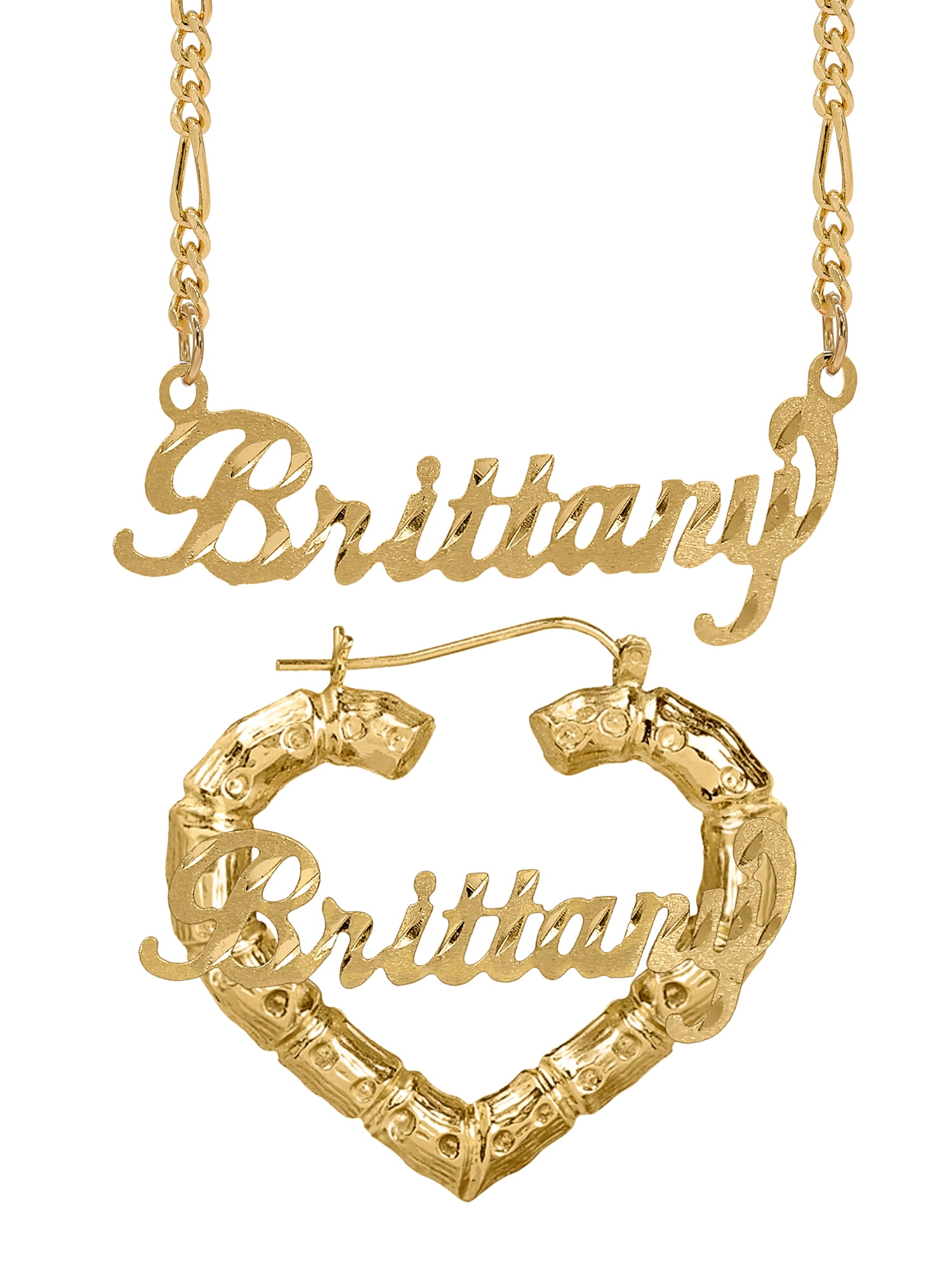 Personalized Set of Necklace and Bamboo Earrings. Script Font.