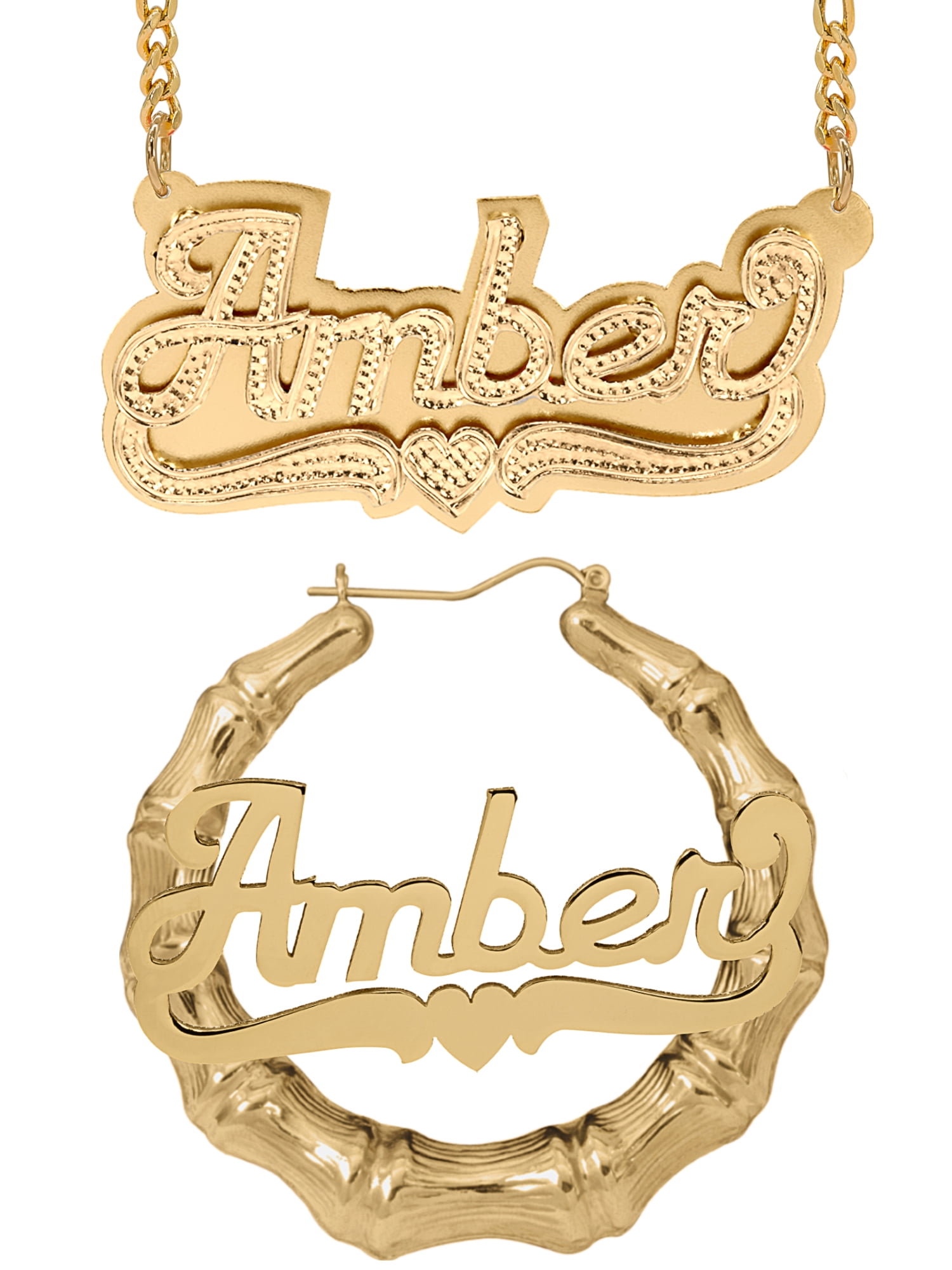 Personalized Set of Necklace and Bamboo Earrings. Script Font.