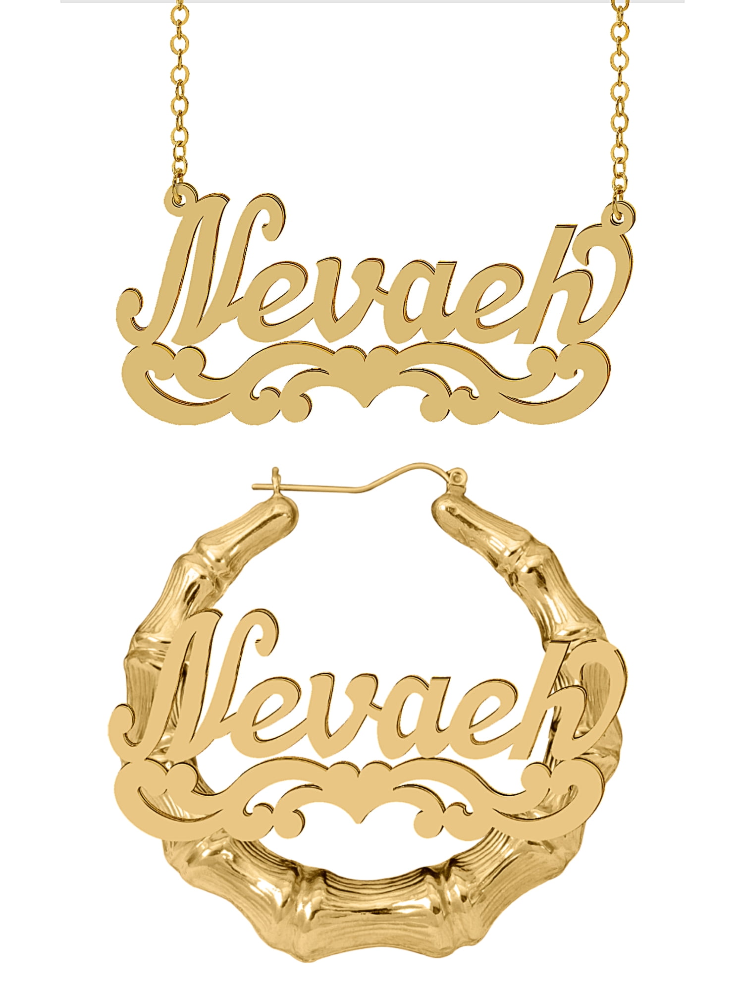 Personalized Set of Necklace and Bamboo Earrings. Script Font.