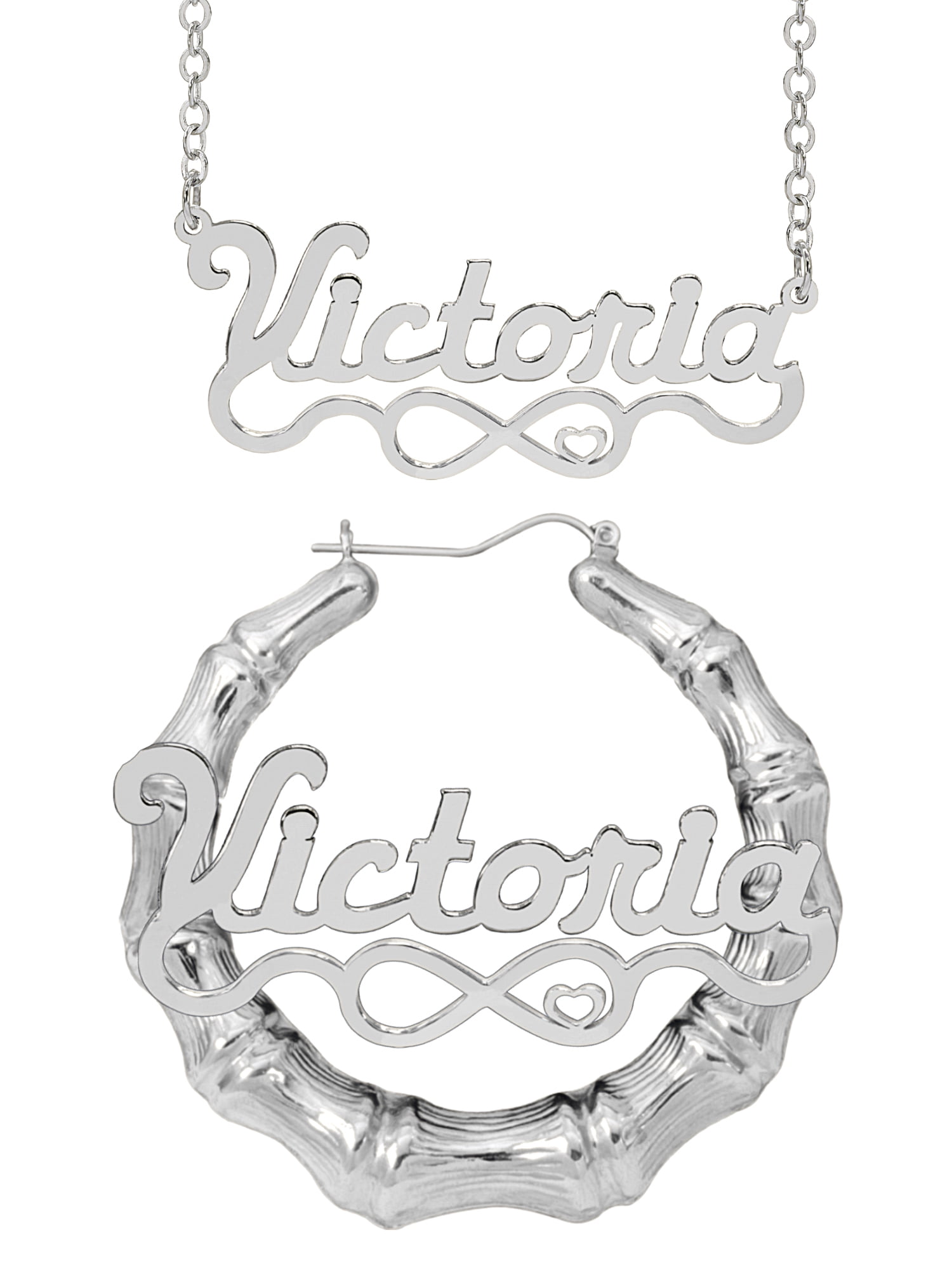 Personalized Set of Necklace and Bamboo Earrings. Script Font.