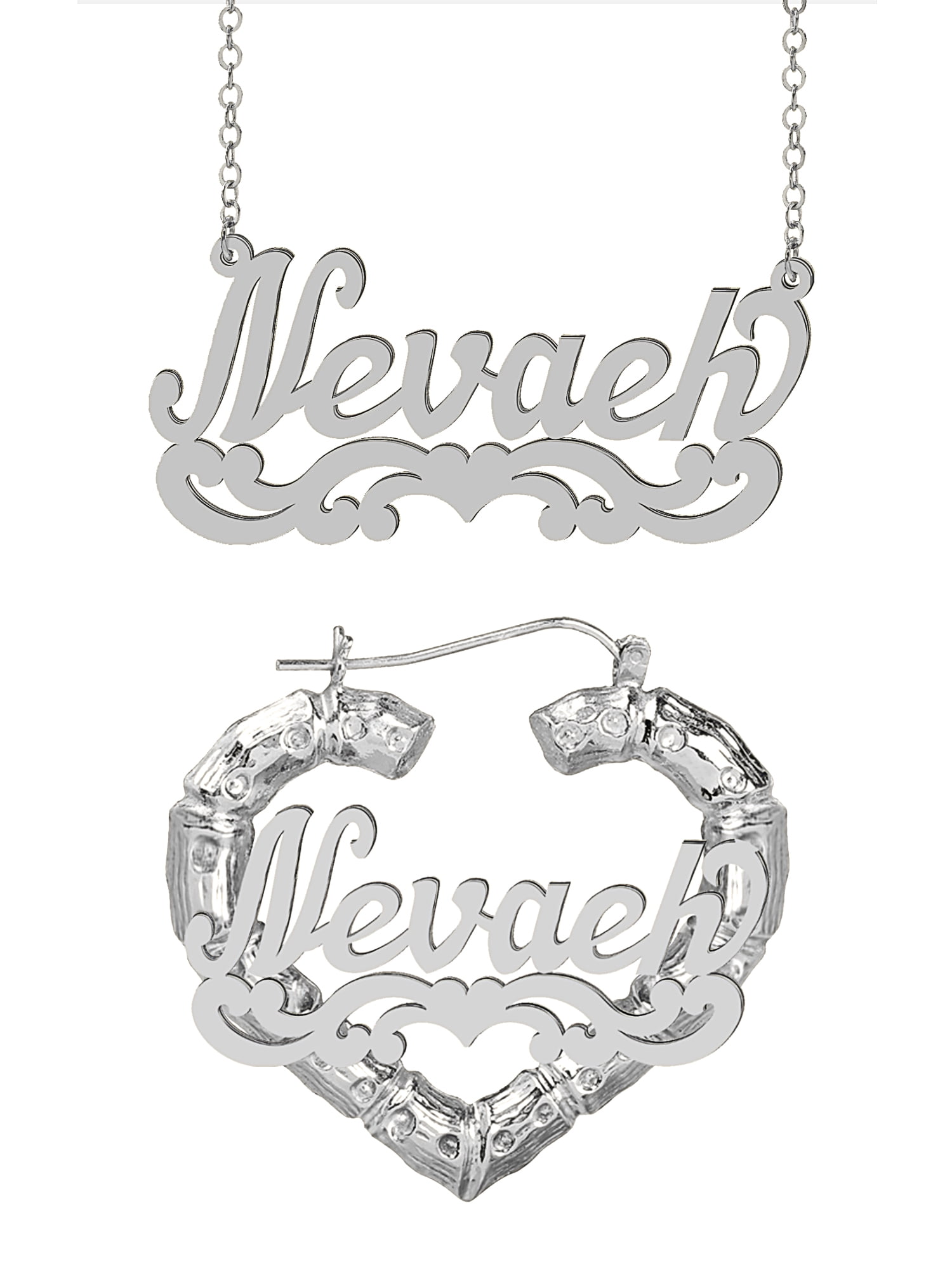 Personalized Set of Necklace and Bamboo Earrings. Script Font.