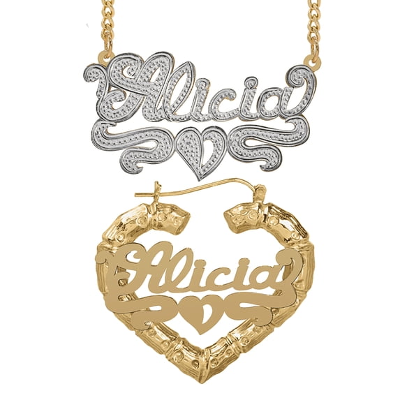 Personalized Set of Necklace and Bamboo Earrings. Script Font.