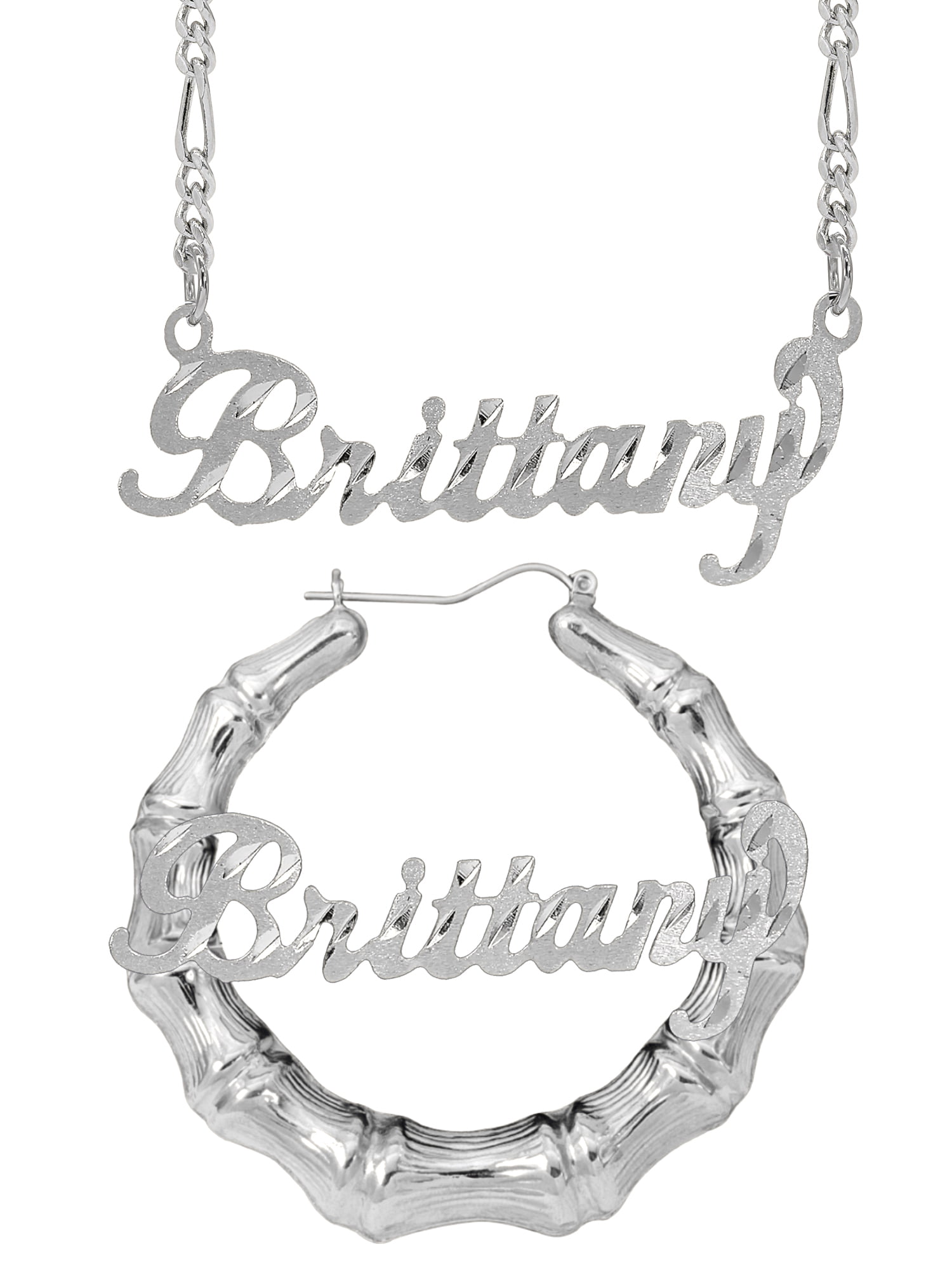 Personalized Set of Necklace and Bamboo Earrings. Script Font.