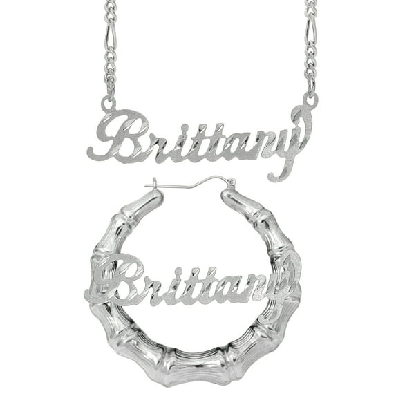 Personalized Set of Necklace and Bamboo Earrings. Script Font.