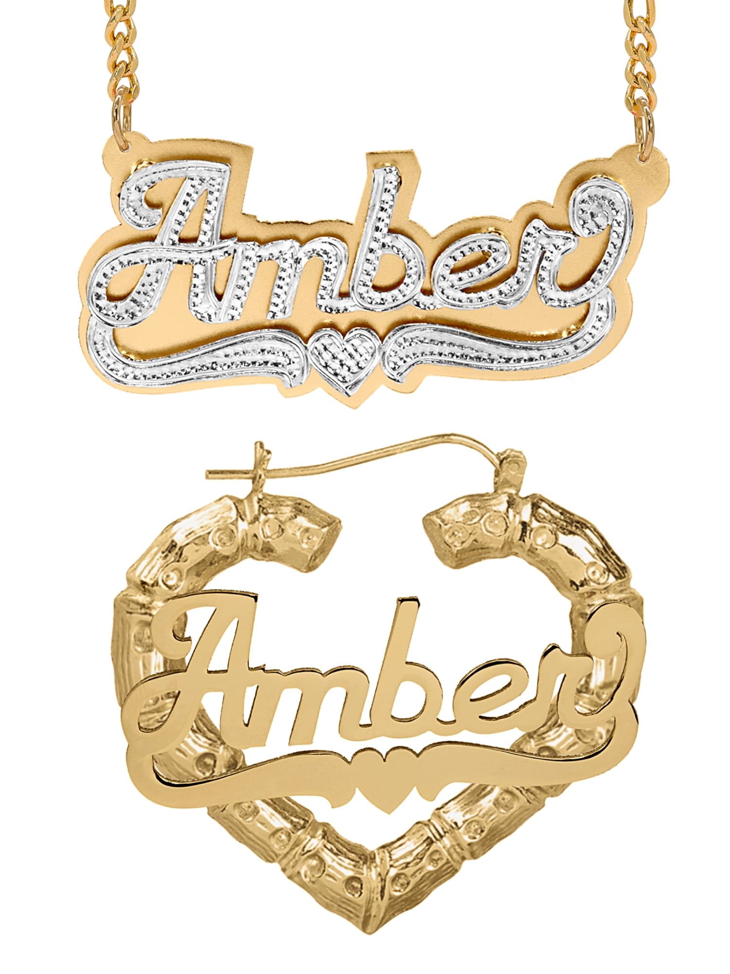 Personalized Set of Necklace and Bamboo Earrings. Script Font.