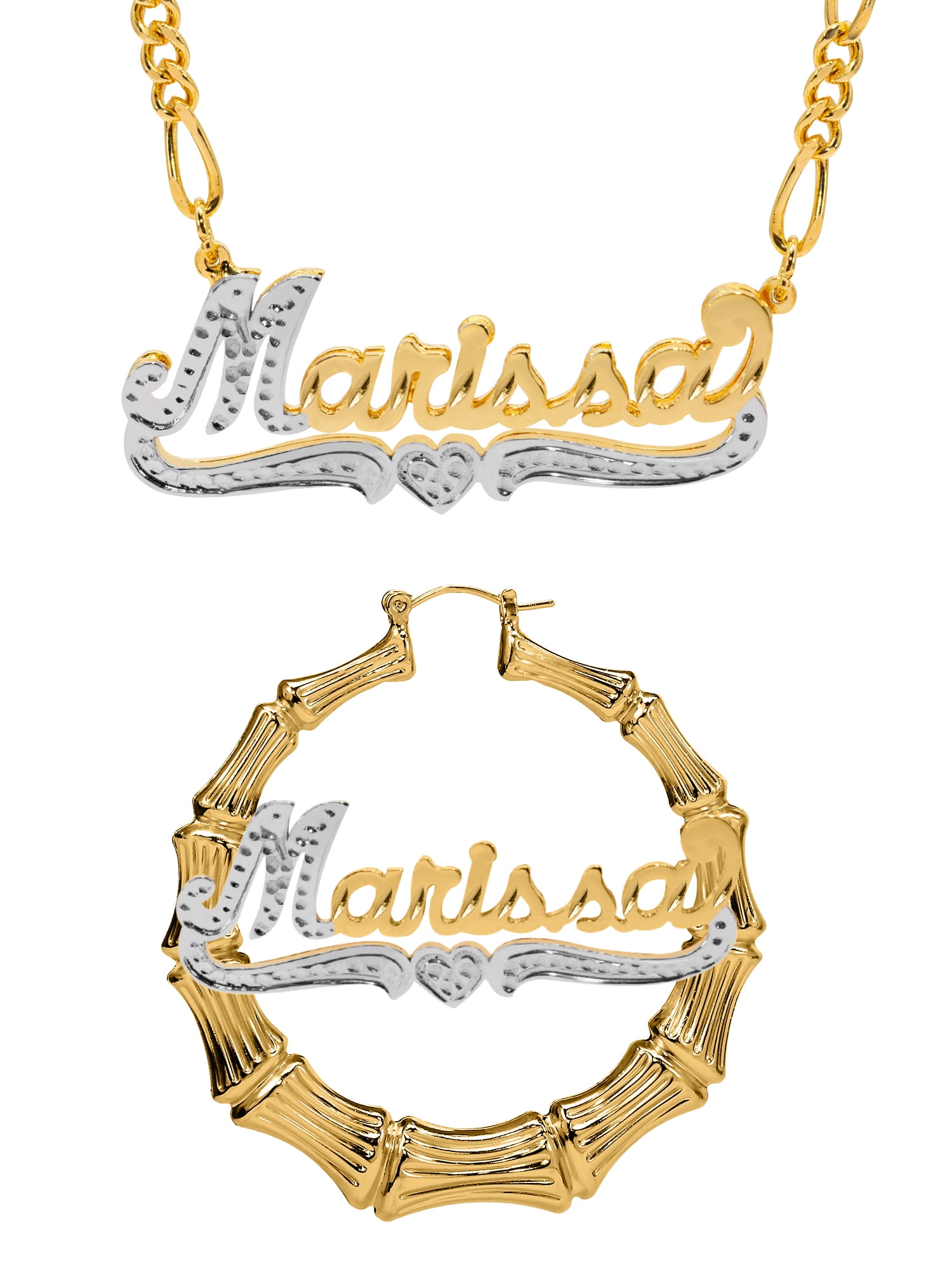 Personalized Set of Necklace and Bamboo Earrings. Script Font.