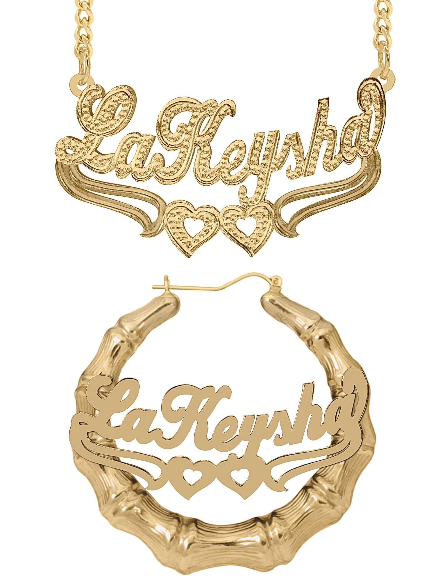 Personalized Set of Necklace and Bamboo Earrings. Script Font.