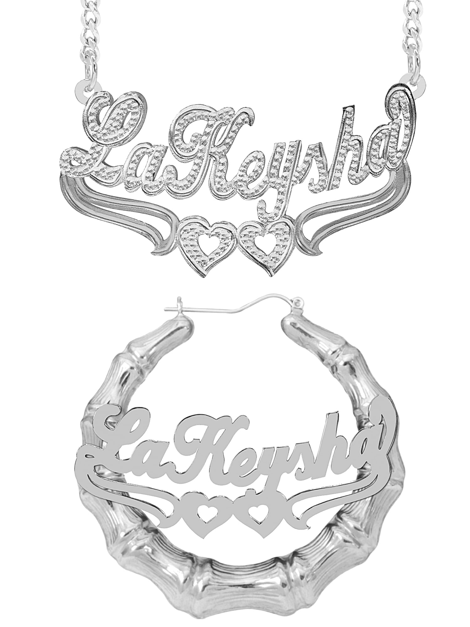 Personalized Set of Necklace and Bamboo Earrings. Script Font.