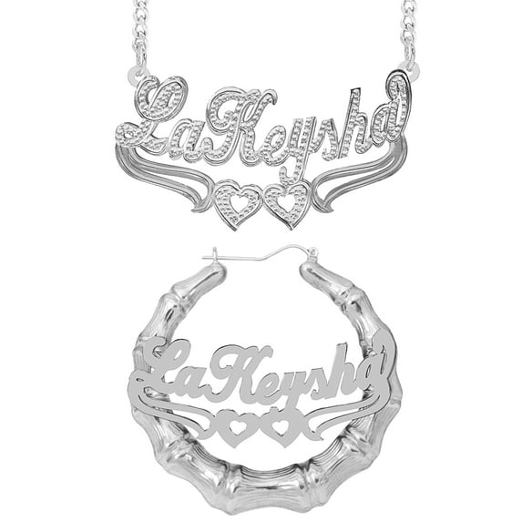 Personalized Set of Necklace and Bamboo Earrings. Script Font.