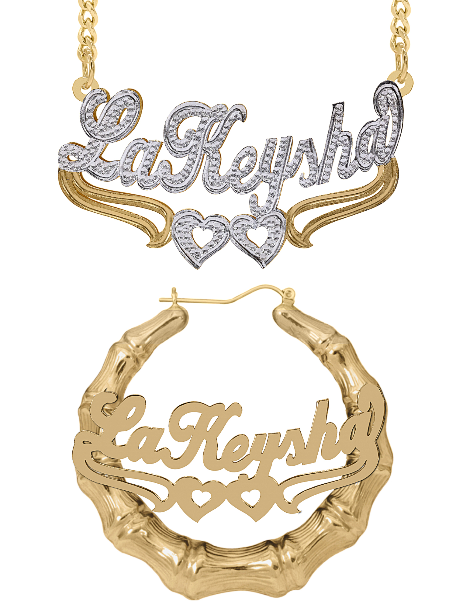 Personalized Set of Necklace and Bamboo Earrings. Script Font.