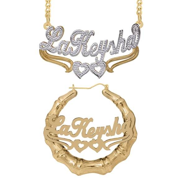 Personalized Set of Necklace and Bamboo Earrings. Script Font.