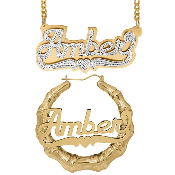 Personalized Set of Necklace and Bamboo Earrings. Script Font.