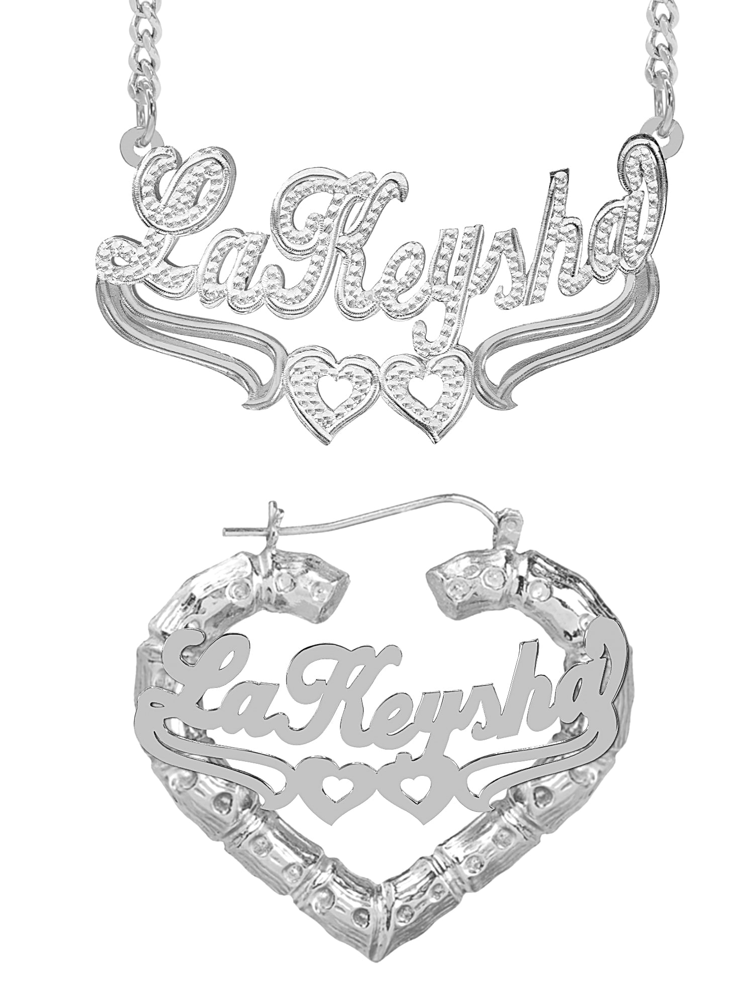 Personalized Set of Necklace and Bamboo Earrings. Script Font.