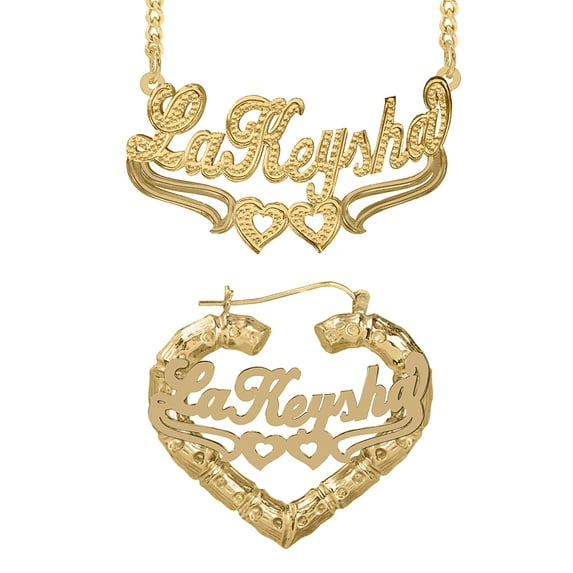 Personalized Set of Necklace and Bamboo Earrings. Script Font.