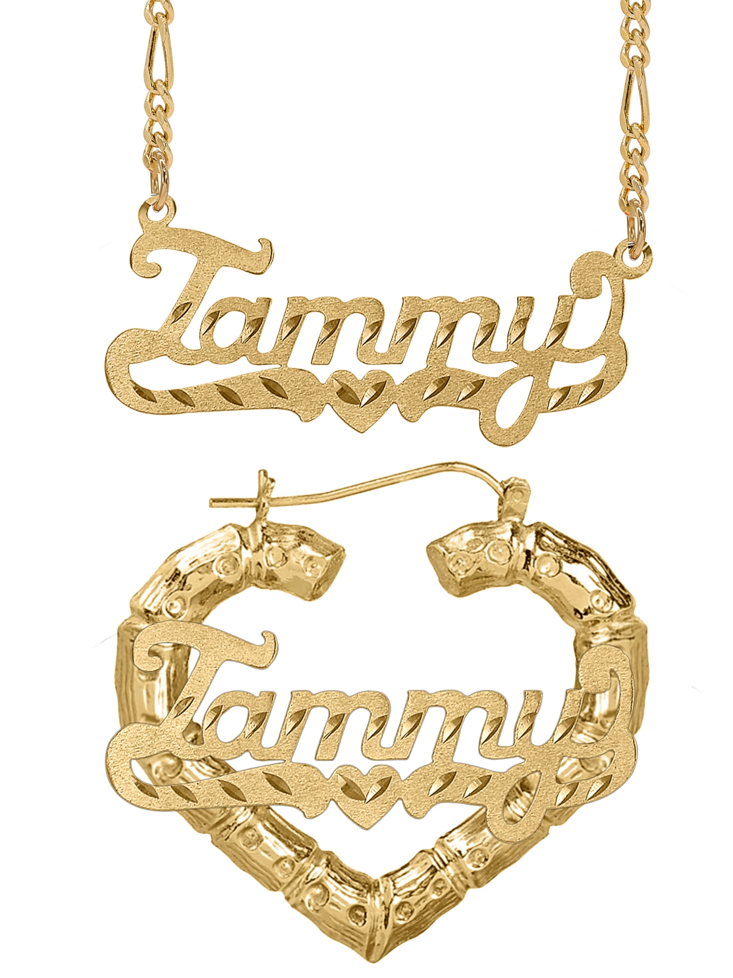 Personalized Set of Necklace and Bamboo Earrings. Script Font.