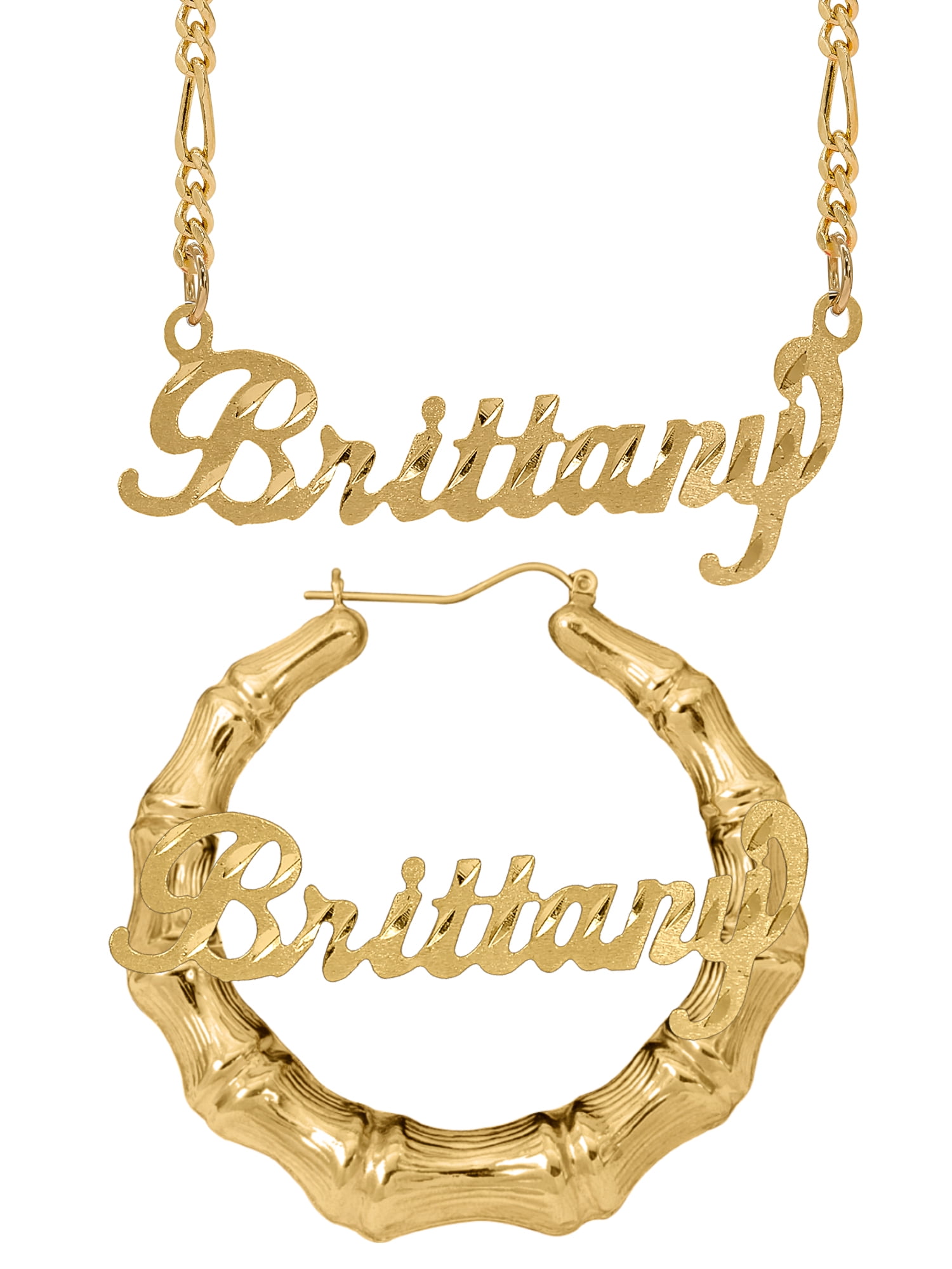 Personalized Set of Necklace and Bamboo Earrings. Script Font.