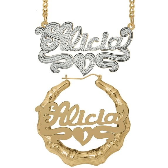 Personalized Set of Necklace and Bamboo Earrings. Script Font.