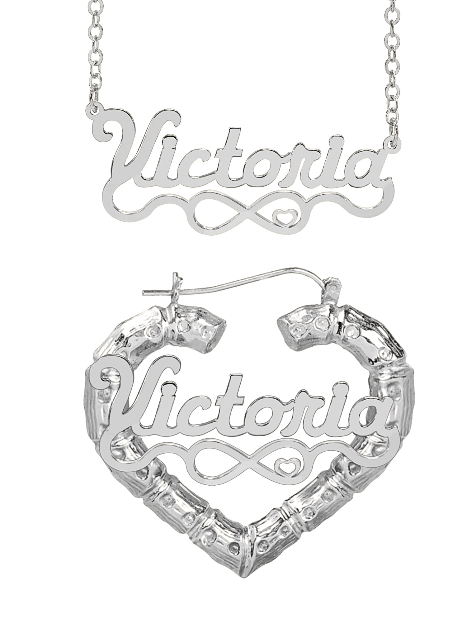 Personalized Set of Necklace and Bamboo Earrings. Script Font.