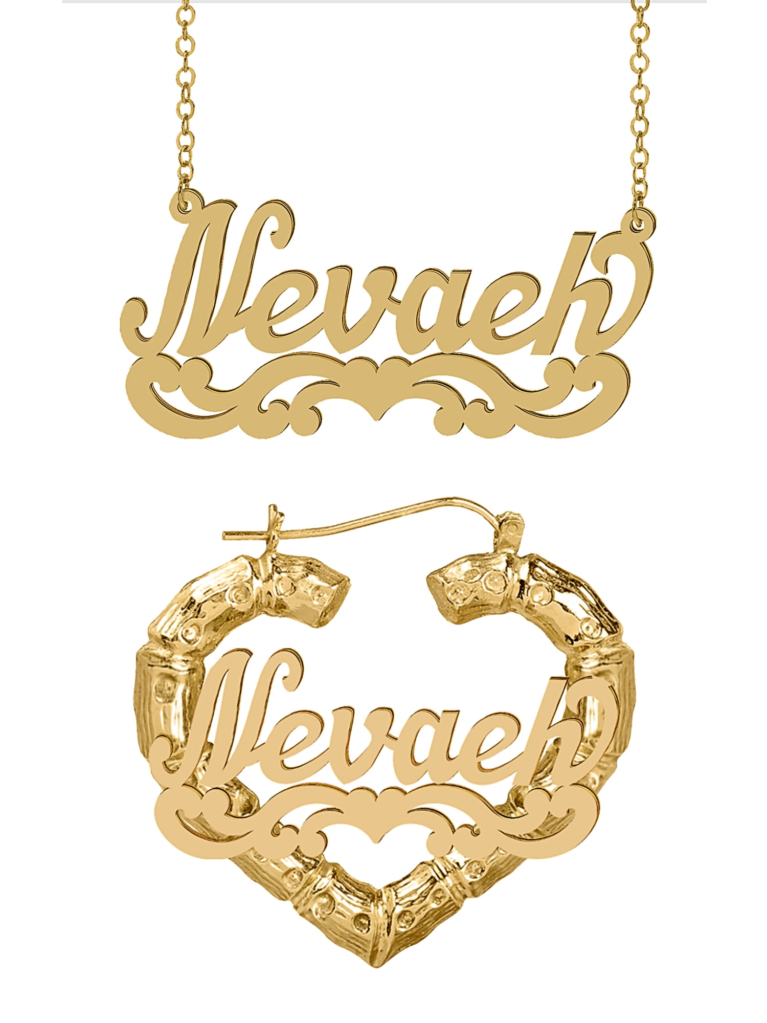 Personalized Set of Necklace and Bamboo Earrings. Script Font.