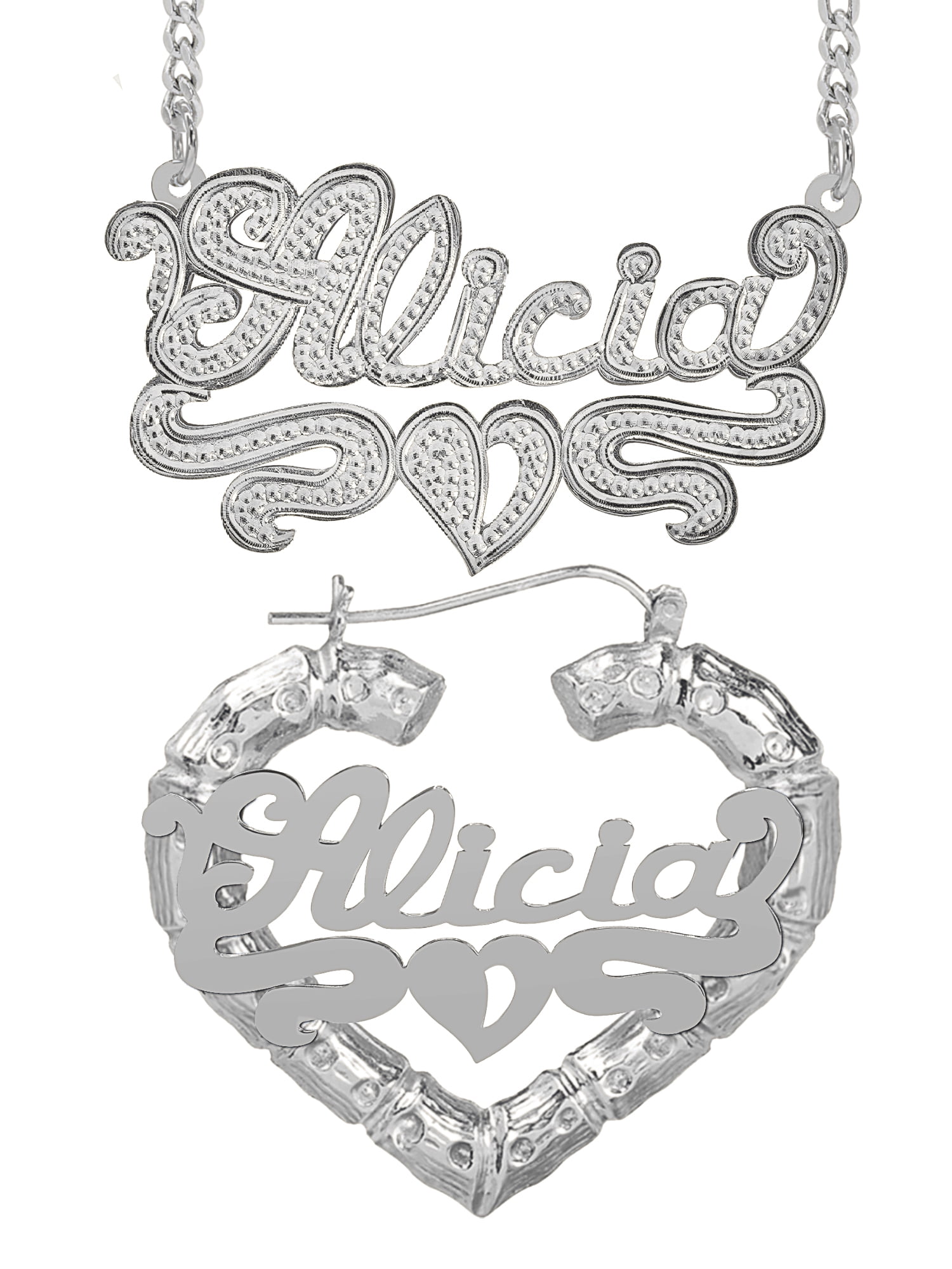 Personalized Set of Necklace and Bamboo Earrings. Script Font.