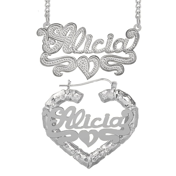 Personalized Set of Necklace and Bamboo Earrings. Script Font.