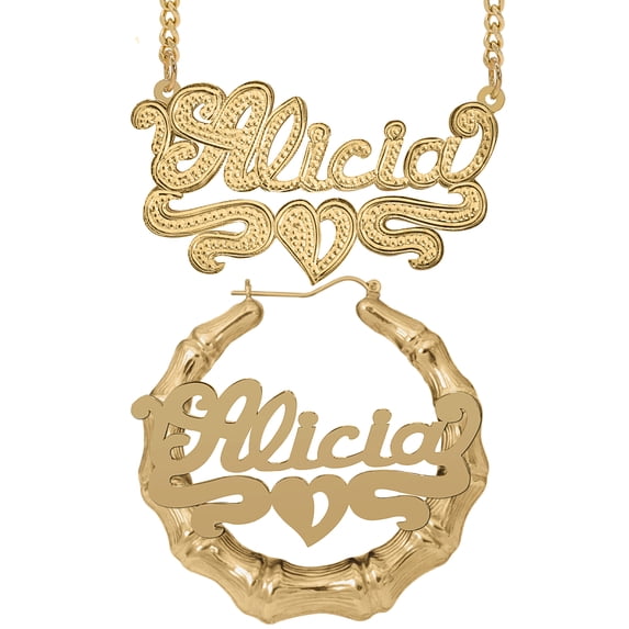 Personalized Set of Necklace and Bamboo Earrings. Script Font.