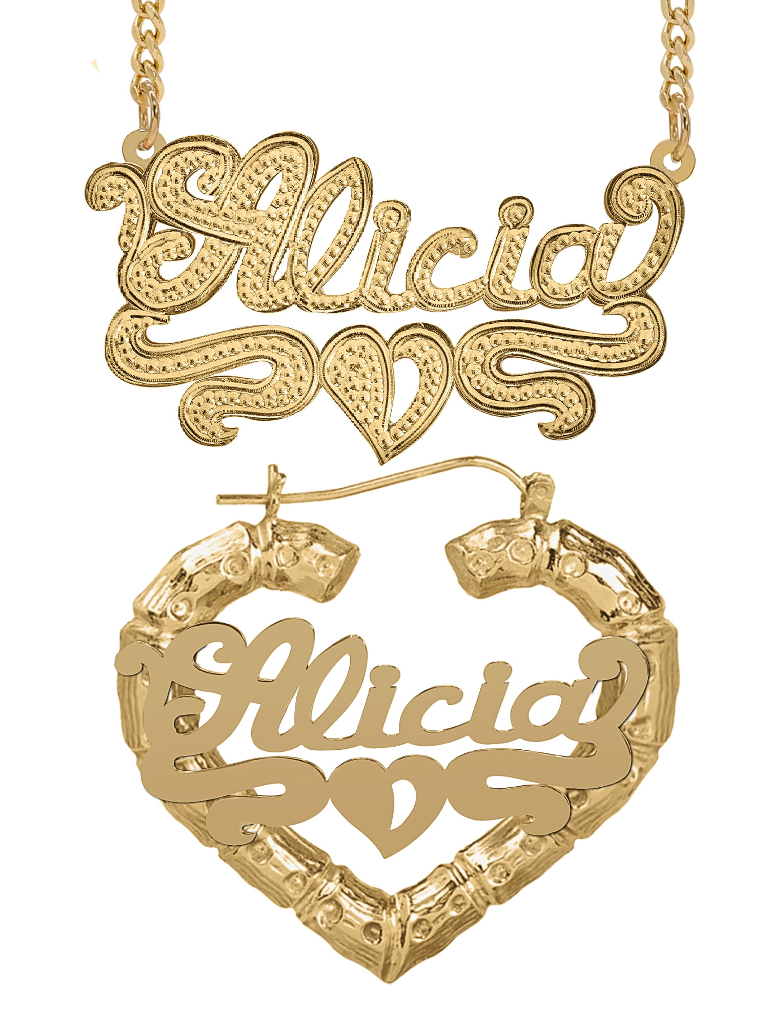Personalized Set of Necklace and Bamboo Earrings. Script Font.