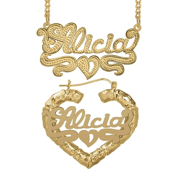 Personalized Set of Necklace and Bamboo Earrings. Script Font.