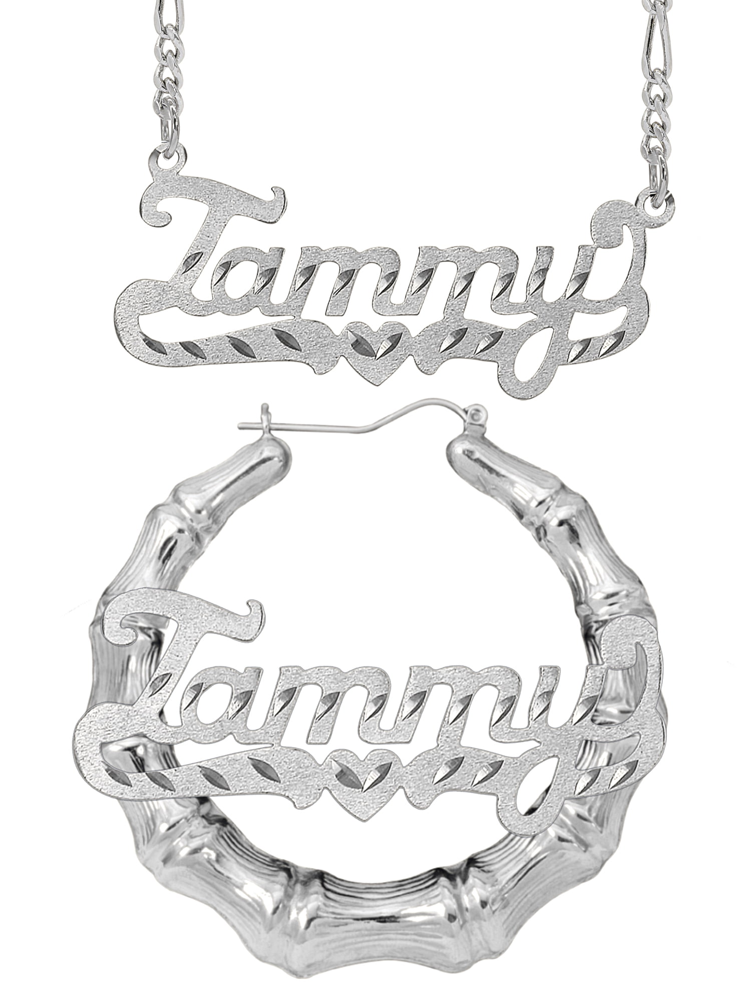 Personalized Set of Necklace and Bamboo Earrings. Script Font.