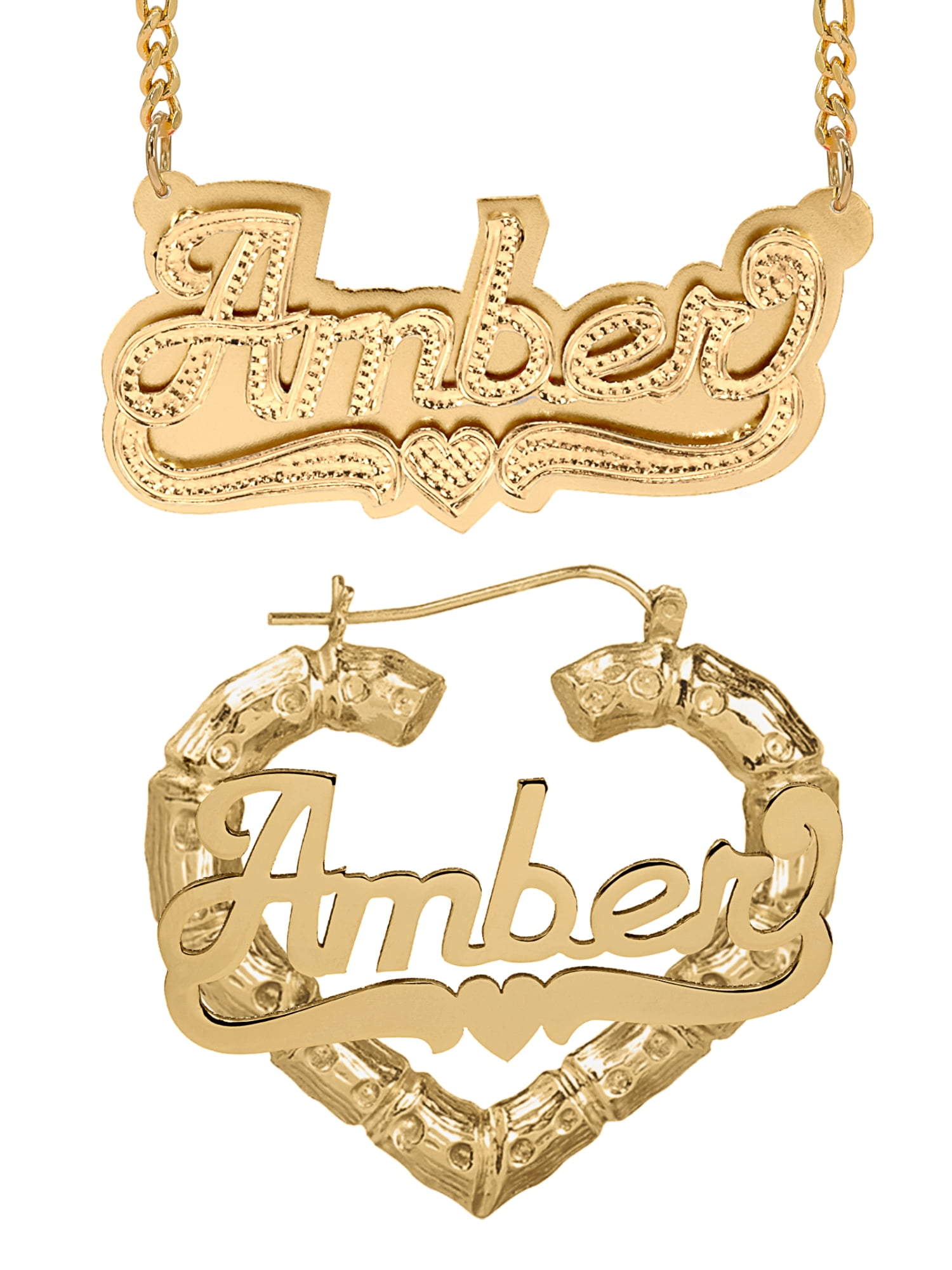 Personalized Set of Necklace and Bamboo Earrings. Script Font.