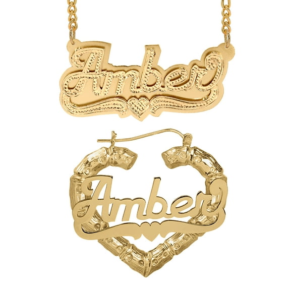 Personalized Set of Necklace and Bamboo Earrings. Script Font.