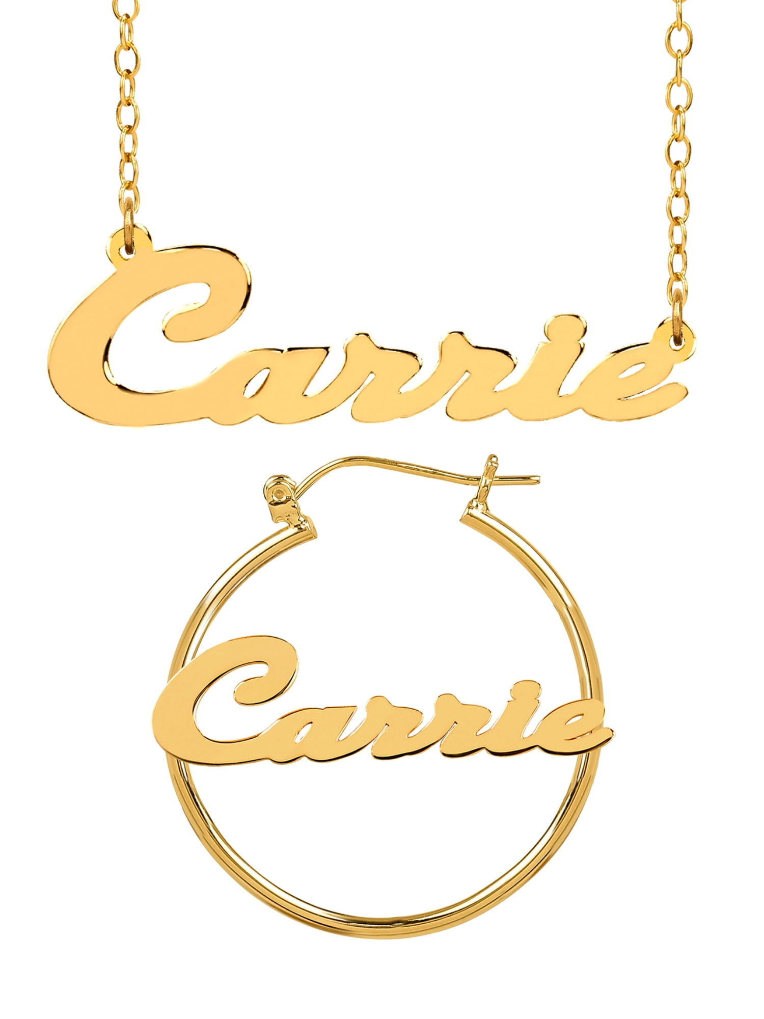 Personalized Set of Necklace and Hoop Earrings. Script Font.