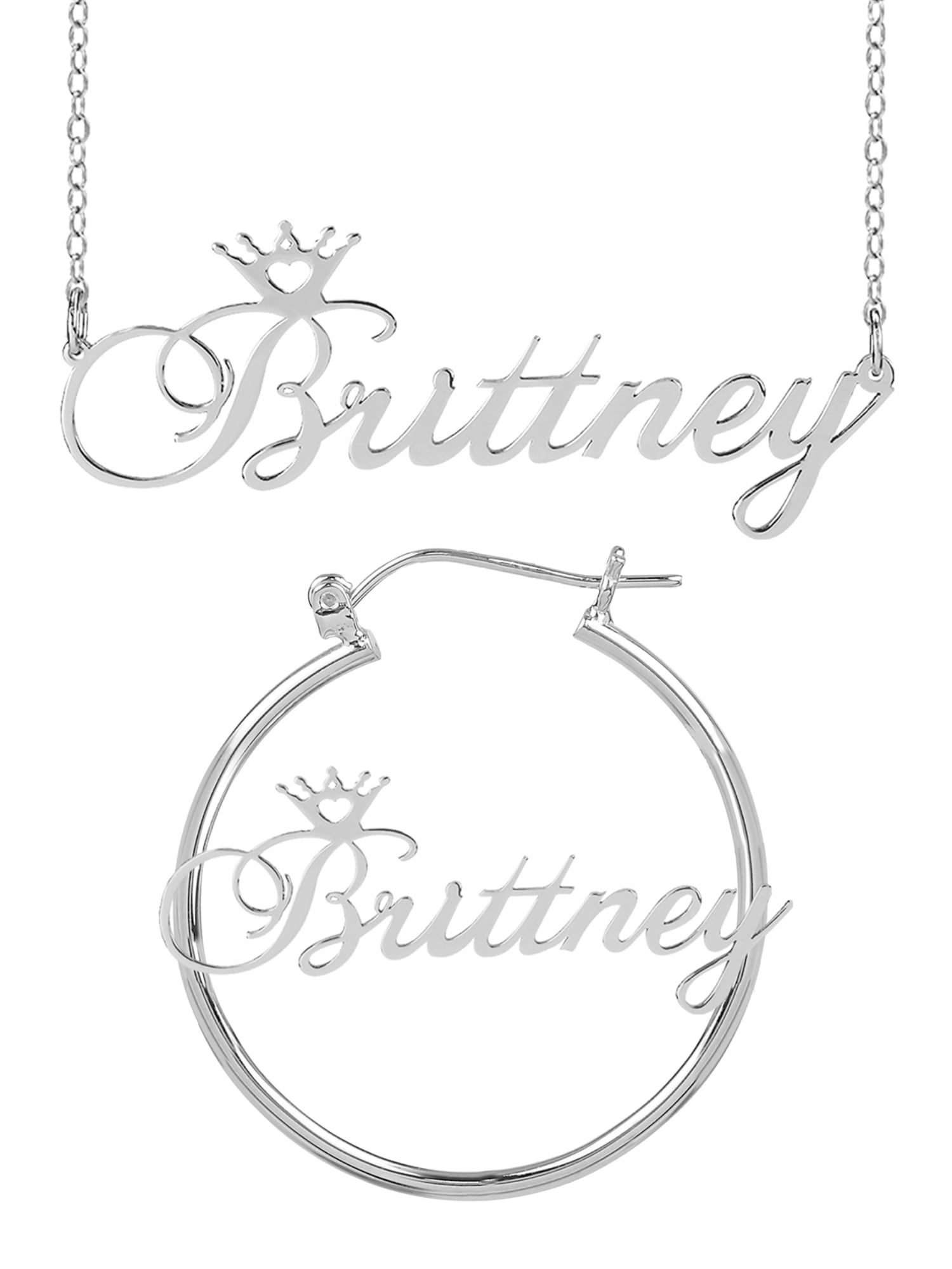 Personalized Set of Necklace and Hoop Earrings. Script Font.
