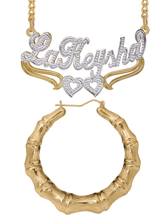 Personalized Set of Necklace and Naked Bamboo Earrings. Script Font.