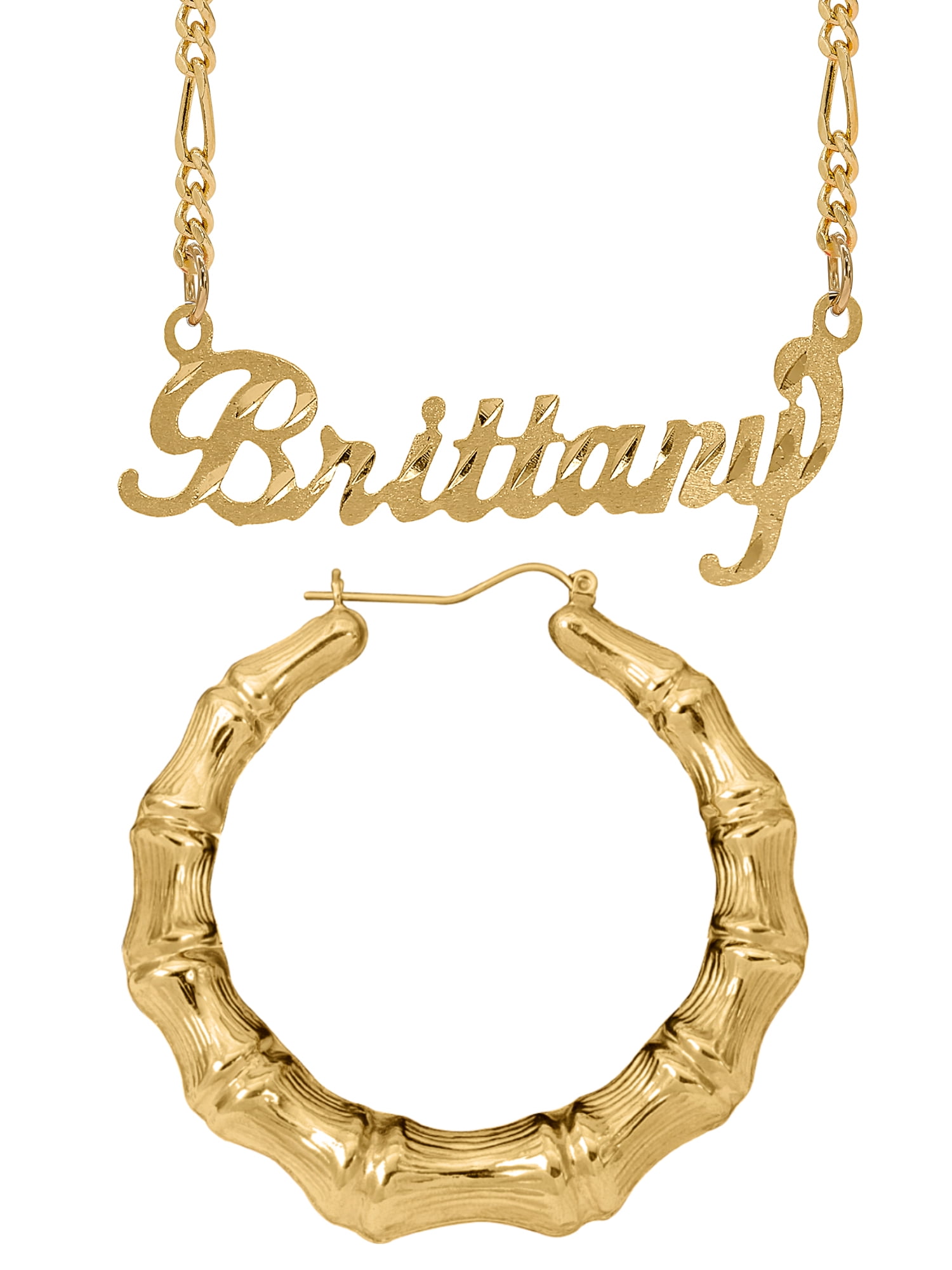 Personalized Set of Necklace and Naked Bamboo Earrings. Script Font.