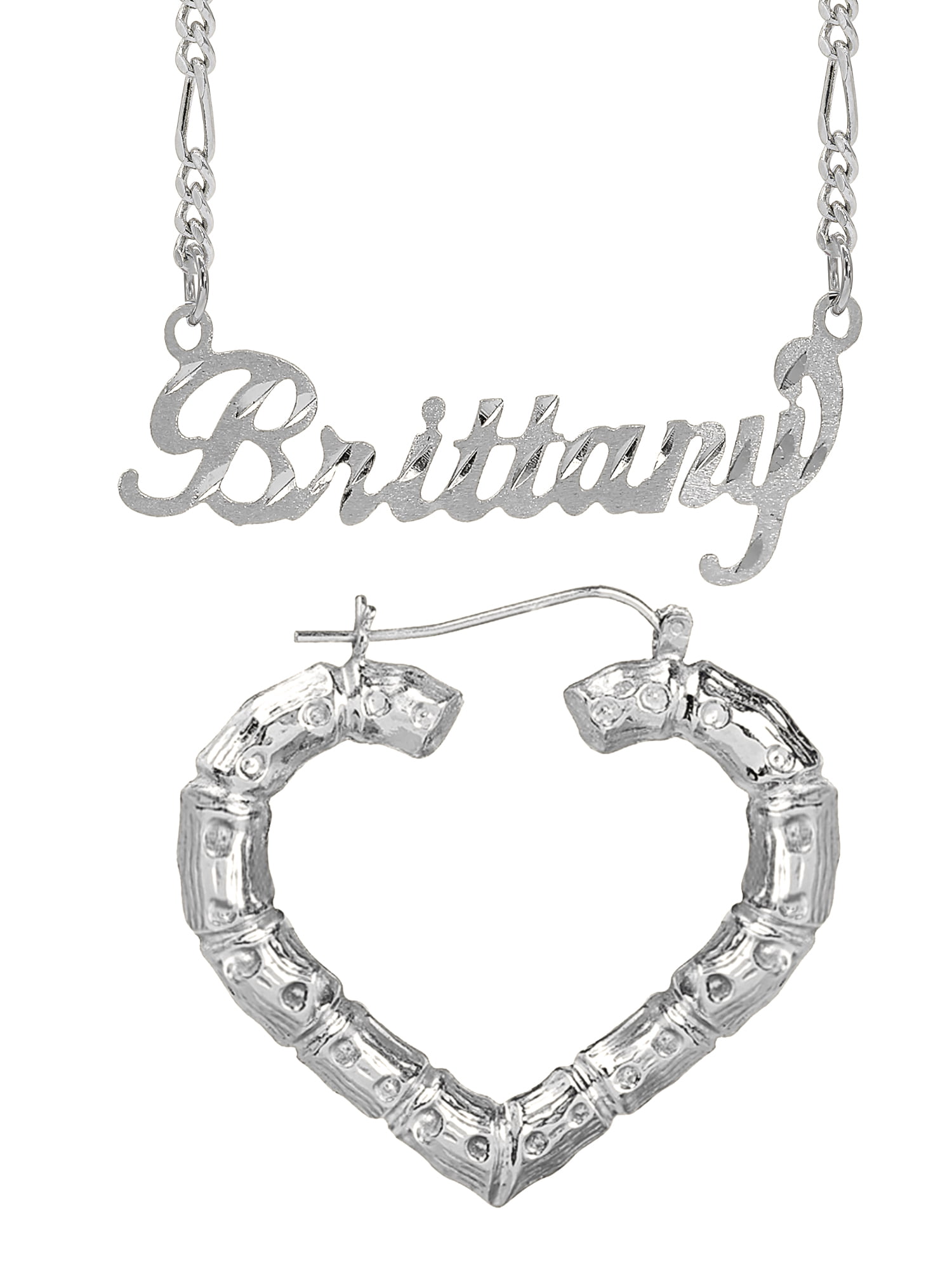 Personalized Set of Necklace and Naked Bamboo Earrings. Script Font.