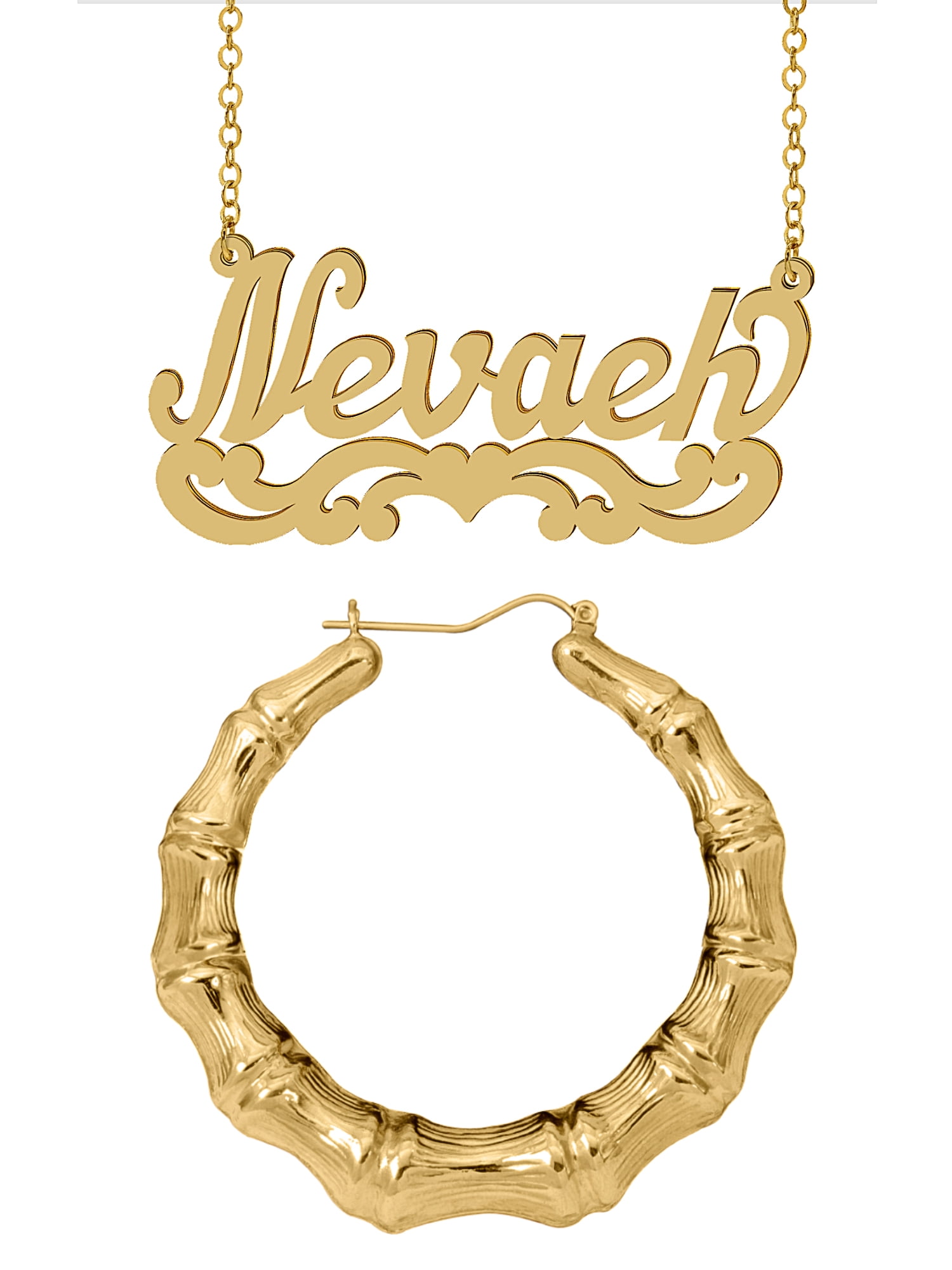Personalized Set of Necklace and Naked Bamboo Earrings. Script Font.