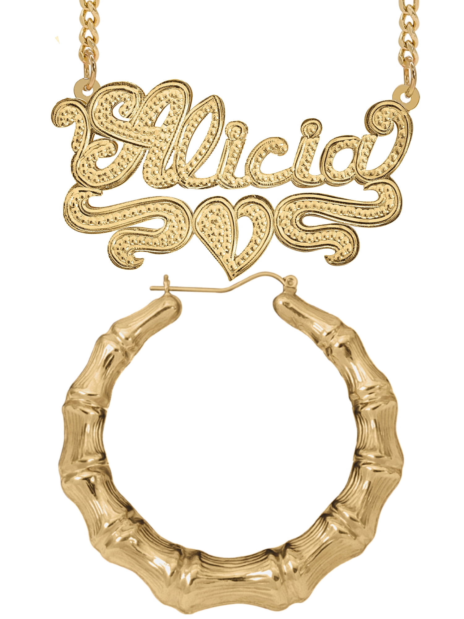 Personalized Set of Necklace and Naked Bamboo Earrings. Script Font.