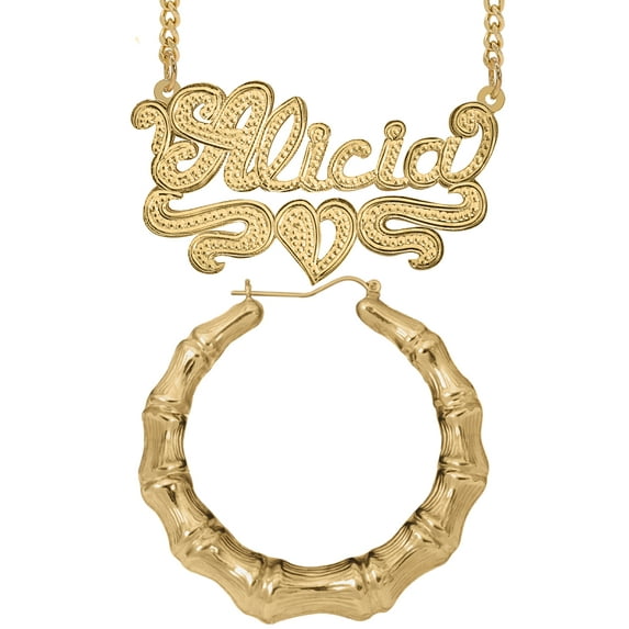 Personalized Set of Necklace and Naked Bamboo Earrings. Script Font.