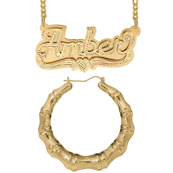 Personalized Set of Necklace and Naked Bamboo Earrings. Script Font.