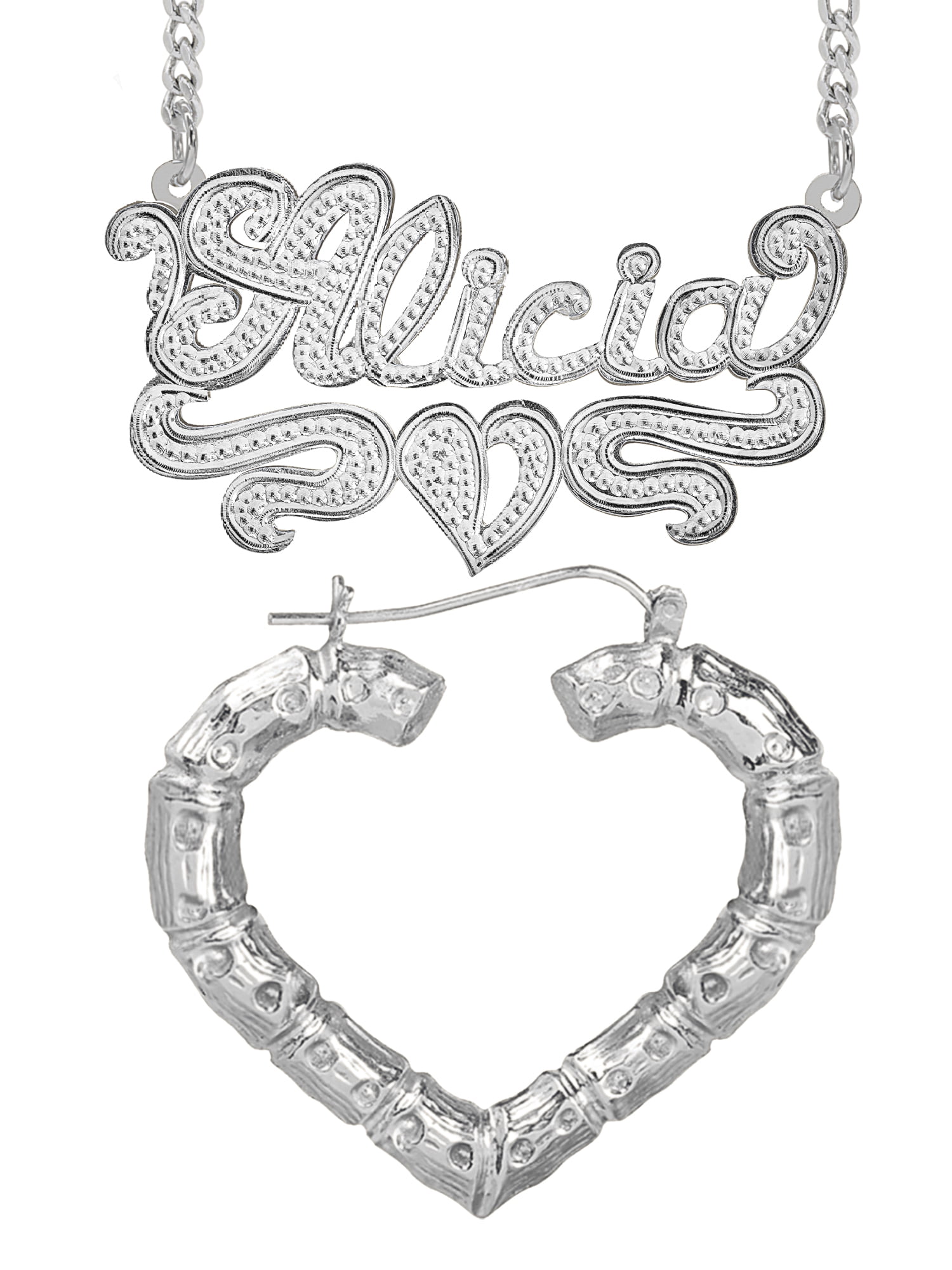 Personalized Set of Necklace and Naked Bamboo Earrings. Script Font.