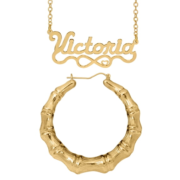 Personalized Set of Necklace and Naked Bamboo Earrings. Script Font.