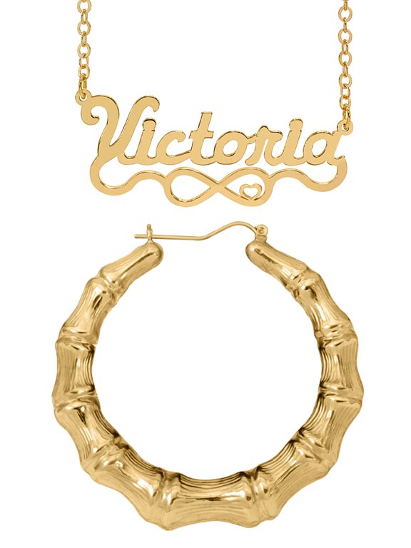 Personalized Set of Necklace and Naked Bamboo Earrings. Script Font.
