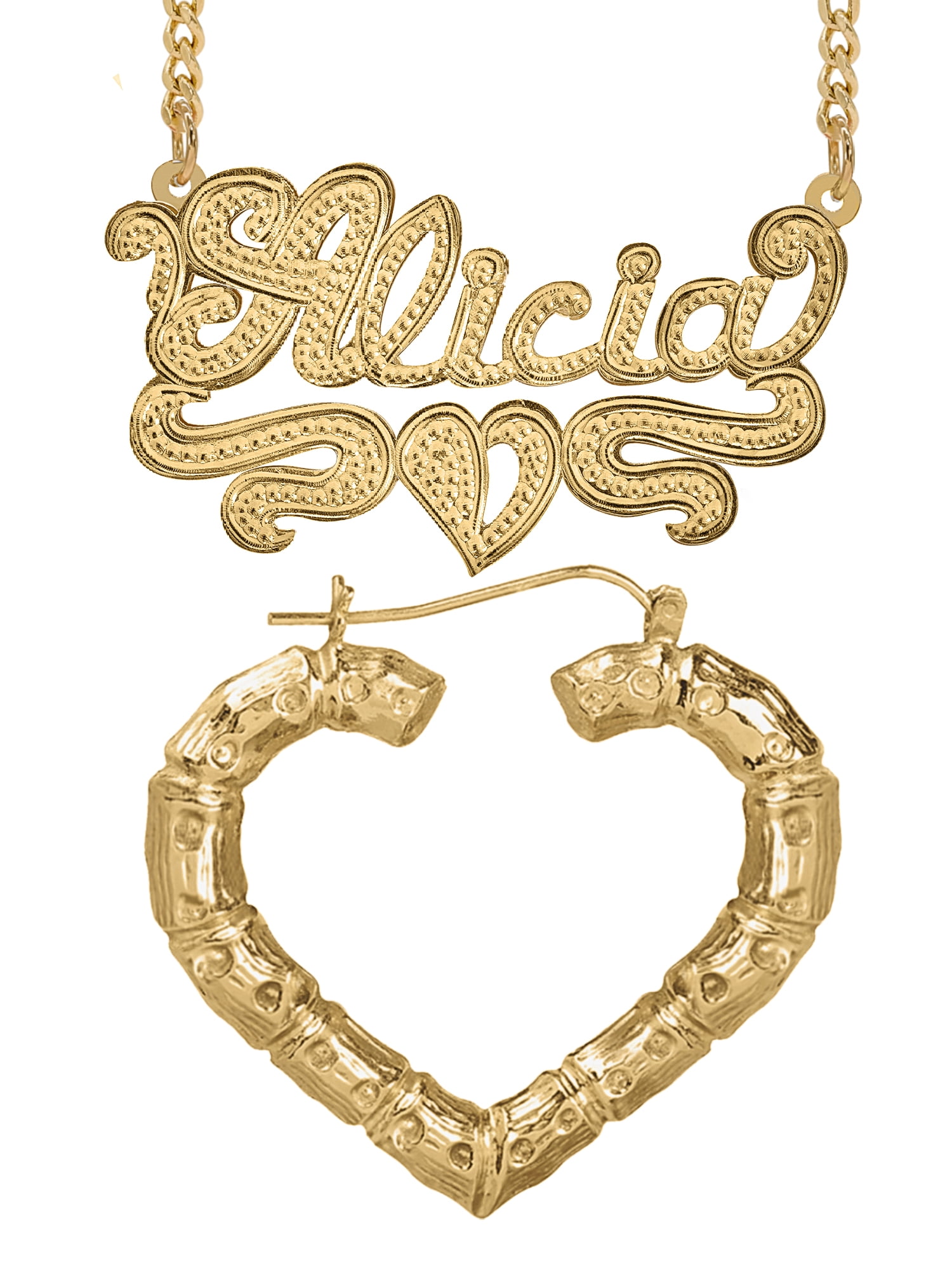 Personalized Set of Necklace and Naked Bamboo Earrings. Script Font.