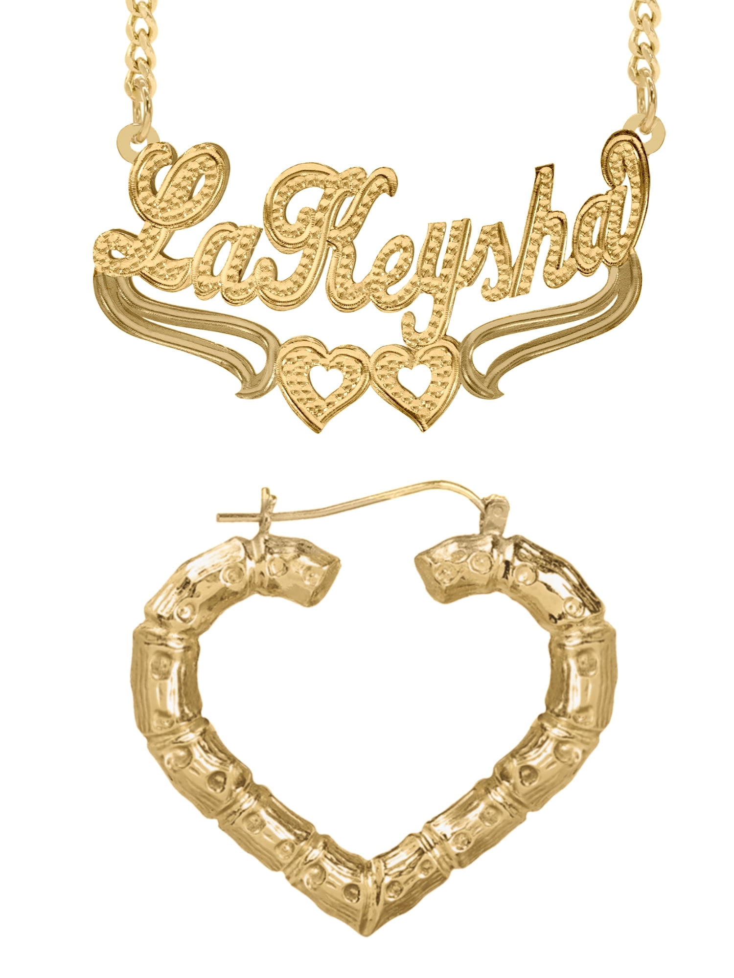 Personalized Set of Necklace and Naked Bamboo Earrings. Script Font.